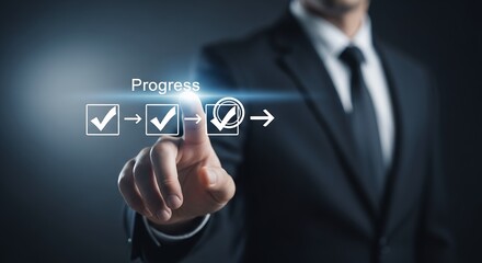 Business Progress Tracking Man Touching Checkmarks Showing Successful Project Advancement and Workflow Management for Growth