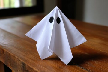 A simple, playful ghost figure made from a folded white cloth with black eyes, sitting on a wooden table.