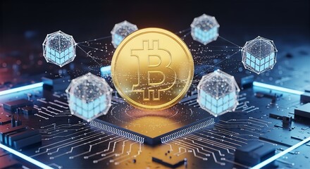 Glowing Bitcoin Symbol over Circuit Board with Blockchain Nodes

