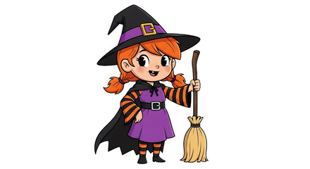 A cute cartoon witch holding her broom, perfect for Halloween.