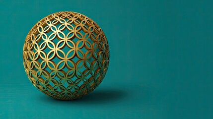 Golden sphere with intricate lattice pattern on teal background