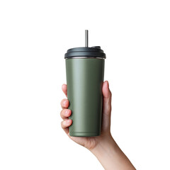 Hand holding a reusable tumbler in green color with a metal straw