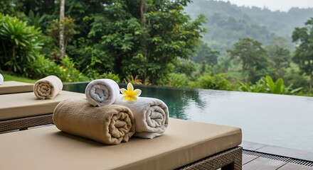 Luxurious poolside relaxation with rolled towels and tropical scenery