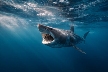 Naklejka premium Close-up of a great white shark swimming underwater with its mouth open in the deep blue ocean