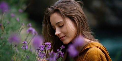 Fototapeta premium Young caucasian female enjoying nature among purple flowers