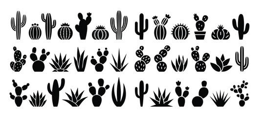 Fototapeta premium Diverse collection of stylized cactus and succulent plant silhouettes for desert-themed designs