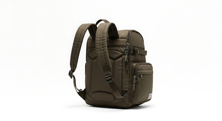 Naklejka premium A khaki backpack with adjustable straps and multiple pockets on a white background studio shot ai generated