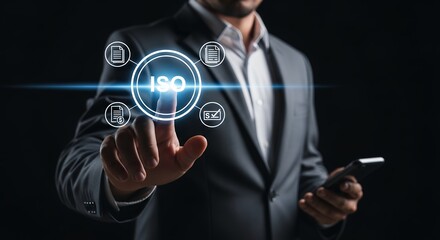 Businessman Interacting with ISO Certification Digital Interface  Quality Management System Compliance and Standards Verification Process
