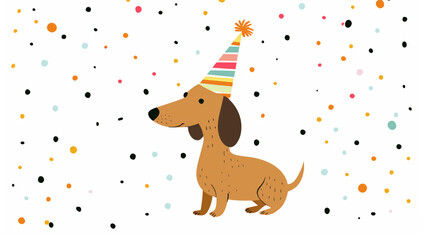 Fototapeta premium Dachshund dog in party hat with confetti. Birthday party concept.