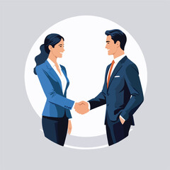 Fototapeta premium A smiling businessman and businesswoman in formal suits shaking hands to seal a professional agreement.