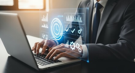 Businessman Using Laptop with Futuristic Data Overlay for Business Analytics and Reporting Digital Transformation Concept 184 characters