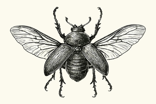 Detailed drawing of a beetle with its wings spread, showcasing its anatomy and intricate details.