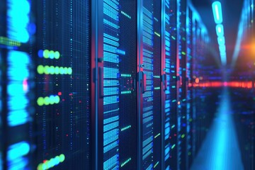 High-tech 3D rendering of illuminated server racks in a futuristic data center, ideal for technology presentations, cloud service ads, and cybersecurity-themed designs