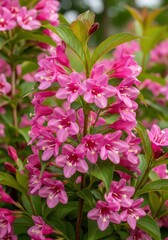 Naklejka premium Abundant pink Weigela shrub blossoms creating a vivid floral spectacle