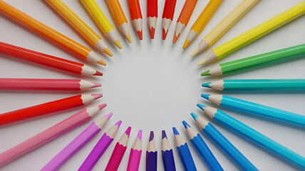 Obraz premium Top-down view of colored pencils arranged in a perfect rainbow arc on a white background. 