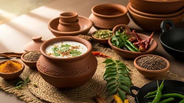 Traditional buttermilk in clay pot with coriander garnish and rustic spices