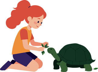 Girl feeding green turtle sitting on ground friendly interaction vector illustration 