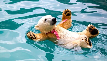 A polar bear cub floats on its back in teal water, a pink ribbon around its neck