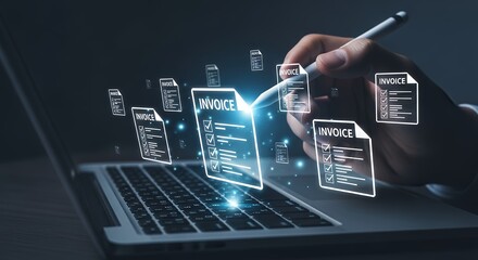 Digital Invoice Management System on Laptop  Online Billing Software Solution for Business Financial Records and Payment Processing