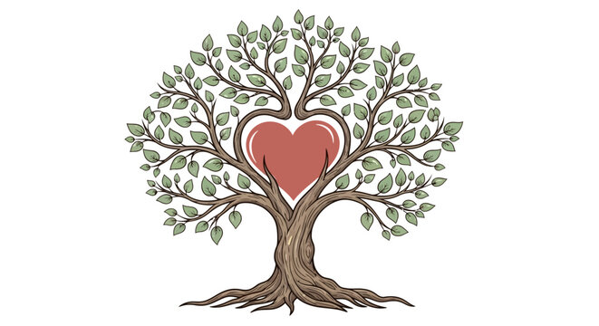 A stylized tree with a heart-shaped opening in its foliage, representing love.
