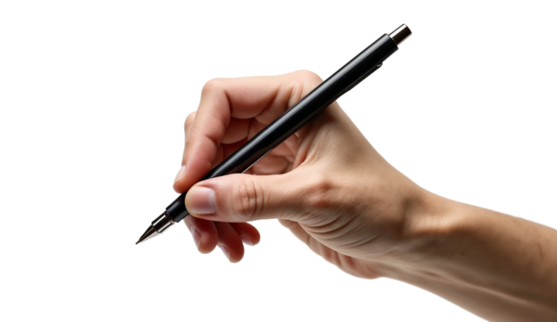 Hand holding a black pen isolated on transparent background