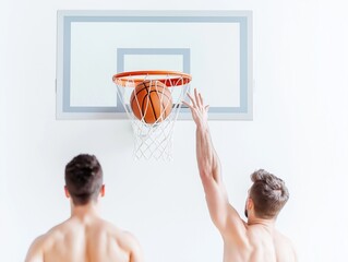 Muscular basketball teammates practicing shooting technique, one launching ball toward hoop while teammate closely observing training drill