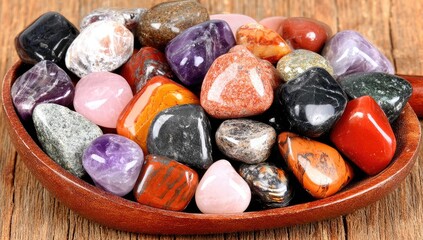 Assorted tumbled stones in a wooden bowl