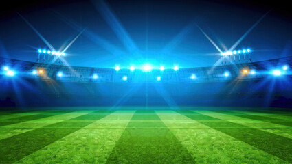 Empty stadium field with vibrant blue floodlights
