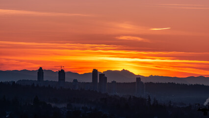 Sunset and sunrise views from Concord Brentwood Hillside East tower in Burnaby, BC, Canada