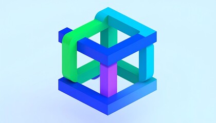 Colorful 3D abstract geometric impossible cube shape on a light blue background. Modern digital art illustration.