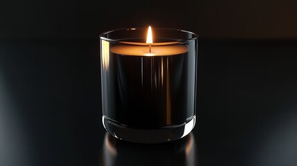 A lit candle in a clear glass holder on a dark surface providing soft illumination and reflection