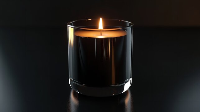 A lit candle in a clear glass holder on a dark surface providing soft illumination and reflection