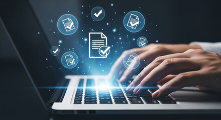 Document Approval Workflow on Laptop  Digital Signatures Checklist Icons Business Process Automation Online Verification System