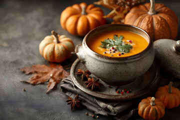 Thanksgiving autumn background with pumpkin soup