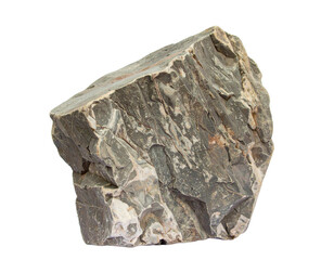 A sculpted rock boulder with a clean, smooth finish on some surfaces, contrasting with its natural, rugged texture, isolated on a white background.