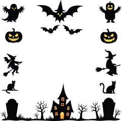 Halloween silhouettes spooky scene with glowing pumpkins and haunted house illustration