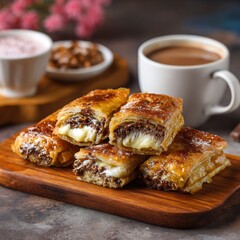 Delicious chocolate and cream pastry squares paired with cozy hot beverages