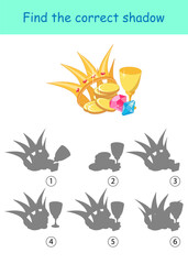 Find the correct shadow of treasure objects. Educational game. Vector illustration on a white background for children's entertainment, activity book, worksheet.