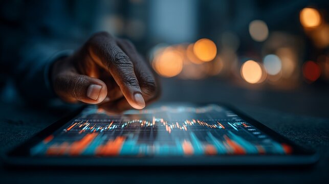 A hand interacts with a digital tablet showing financial data charts with dynamic blue and orange lines representing mar