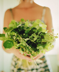 Woman holding bunch of fresh green herbs, AI generated