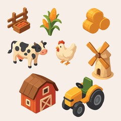 A colorful cartoon-style set of farm-themed illustrations including a barn, tractor, cow, chicken, windmill, corn, hay bales, and a crate of vegetables.