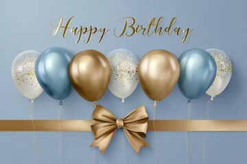 Colorful happy birthday card design featuring luxurious balloons and a decorative ribbon for festive celebrations
