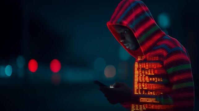 A person in a glowing hooded jacket focuses on a handheld device at night, surrounded by urban bokeh lights, - Powered by Adobe