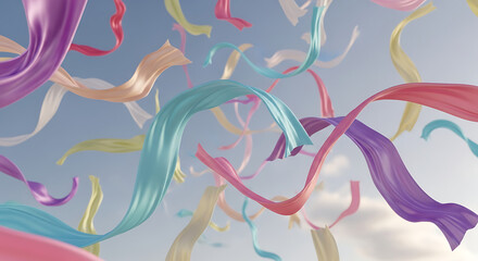 Colorful ribbons floating in the air against a light blue sky creating a festive atmosphere ai generated