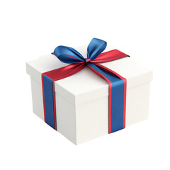 A beautifully wrapped gift box with a red and blue ribbon bow exudes excitement and anticipation for a special occasion