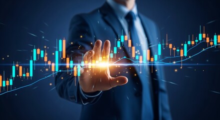 Financial Analysis and Stock Market Trends Businessman Interpreting Investment Data with a Bright Digital Overlay for Strategic Decision Making