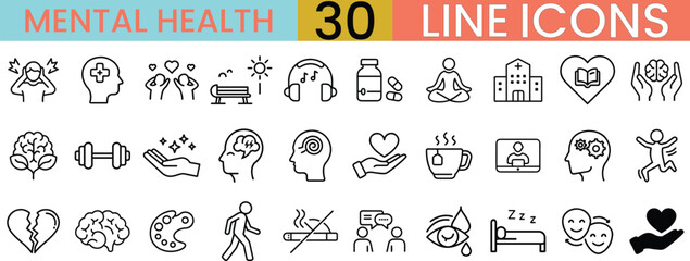 A diverse set of line art icons representing various aspects of mental health and well-being in a line style