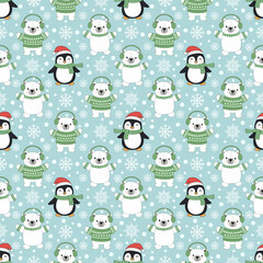Cute Winter Polar Bear and Penguin Seamless Pattern