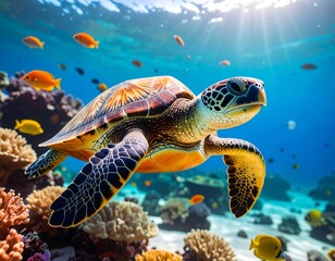 Fototapeta premium A sea turtle swims gracefully amidst vibrant coral and various colorful fish, sunlit water above