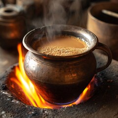 Traditional Indian masala chai preparation over open fire showcasing a rustic experience